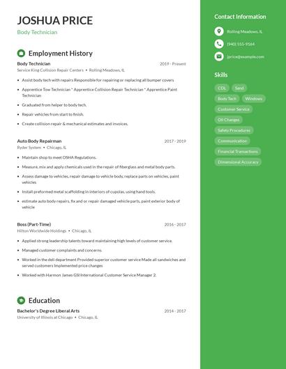 Body Technician Resume