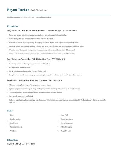 Body Technician Resume