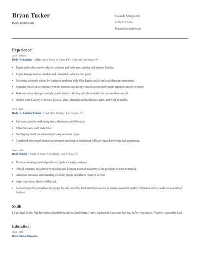 Body Technician Resume