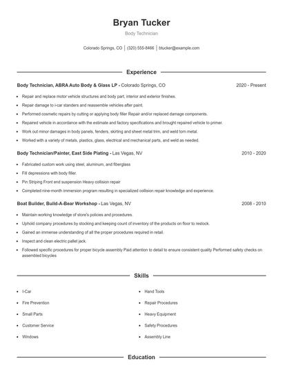 Body Technician Resume