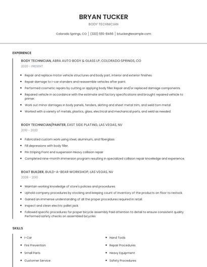 Body Technician Resume