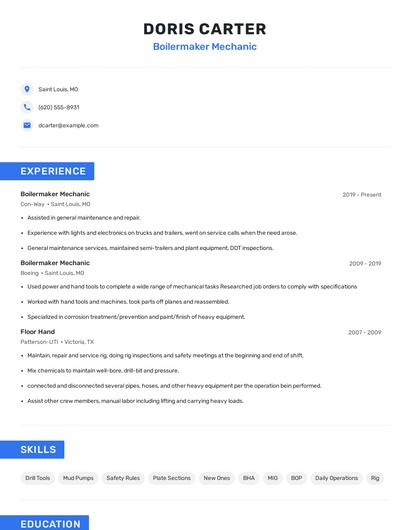 Boilermaker Mechanic Resume
