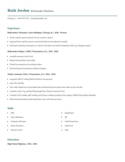 Boilermaker Mechanic Resume