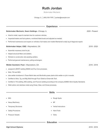 Boilermaker Mechanic Resume