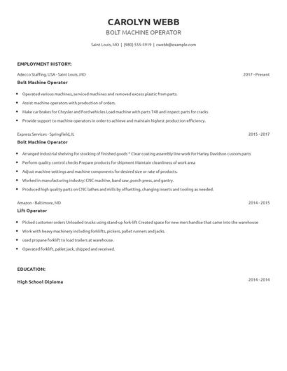 Bolt Machine Operator Resume