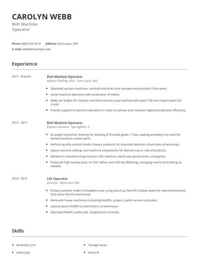 Bolt Machine Operator Resume