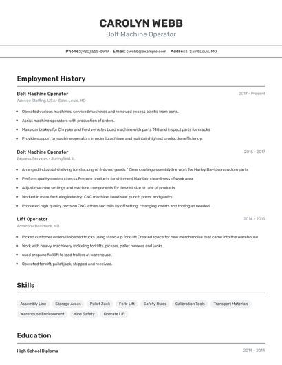 Bolt Machine Operator Resume