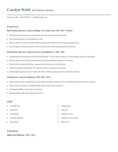 Bolt Machine Operator Resume