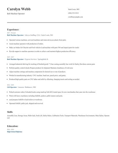 Bolt Machine Operator Resume