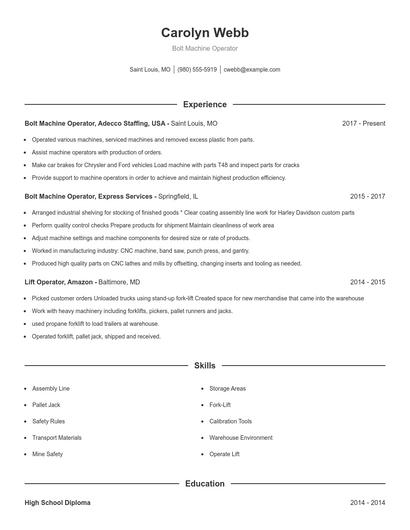 Bolt Machine Operator Resume