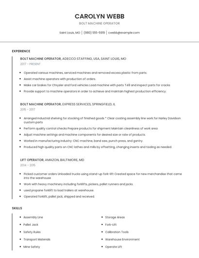 Bolt Machine Operator Resume