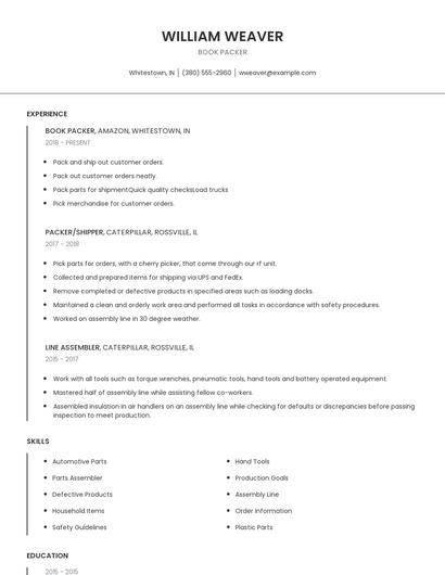 Book Packer Resume