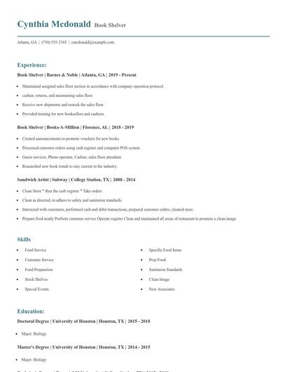Book Shelver Resume