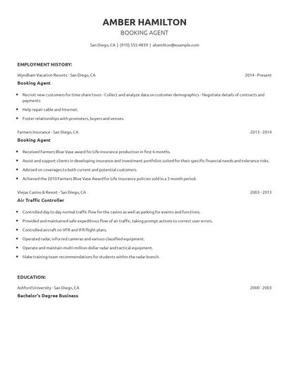 Booking Agent Resume