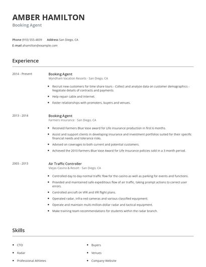 Booking Agent Resume