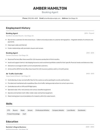 Booking Agent Resume