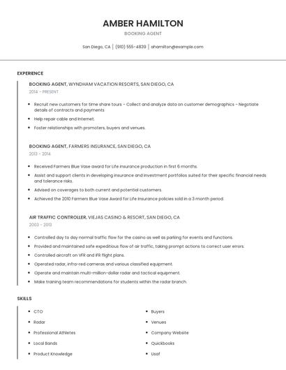 Booking Agent Resume
