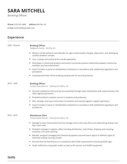 Booking Officer Resume