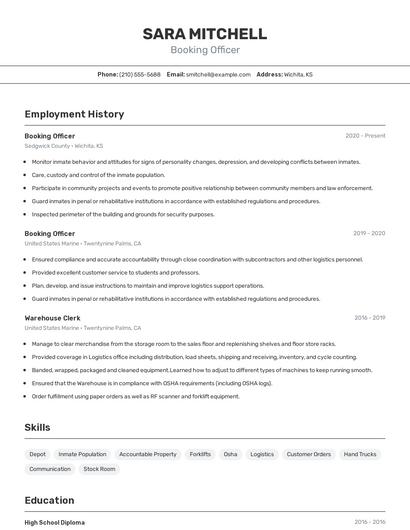 Booking Officer Resume