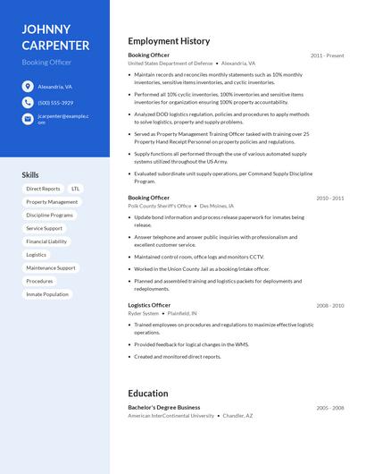 Booking Officer Resume