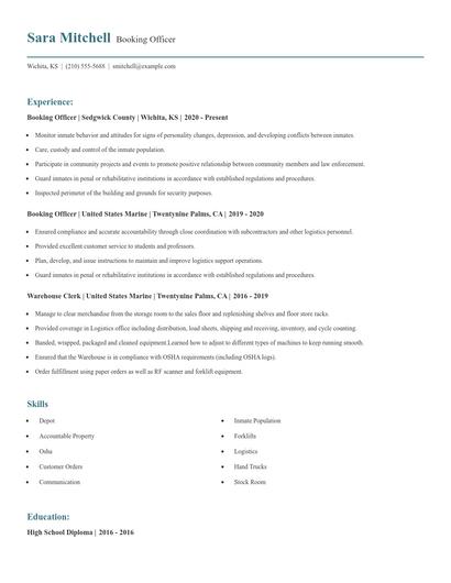 Booking Officer Resume
