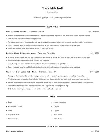 Booking Officer Resume