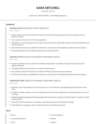 Booking Officer Resume