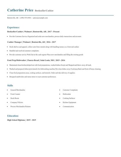 Bookseller/Cashier Resume
