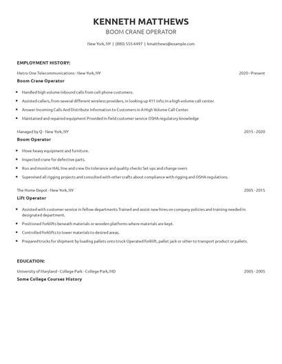 Boom Crane Operator Resume