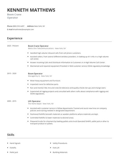 Boom Crane Operator Resume