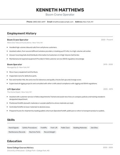 Boom Crane Operator Resume