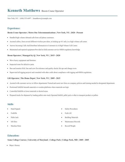 Boom Crane Operator Resume