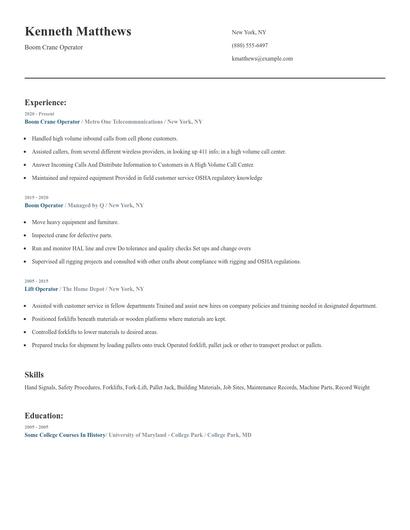 Boom Crane Operator Resume