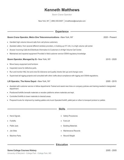 Boom Crane Operator Resume