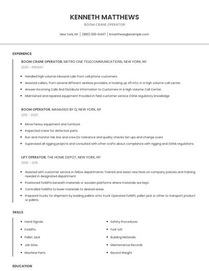 Boom Crane Operator Resume