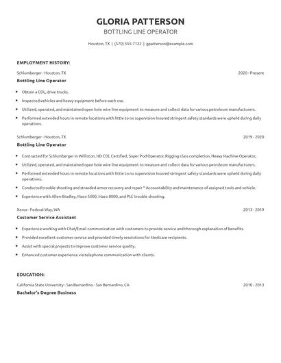 Bottling Line Operator Resume