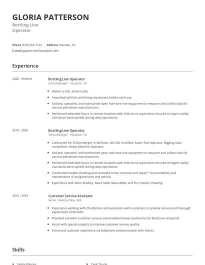 Bottling Line Operator Resume