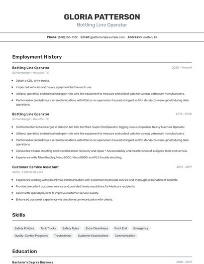 Bottling Line Operator Resume