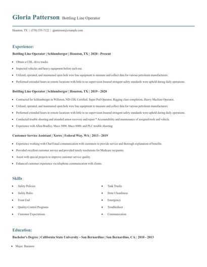 Bottling Line Operator Resume