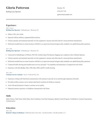 Bottling Line Operator Resume