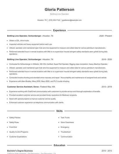 Bottling Line Operator Resume
