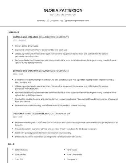 Bottling Line Operator Resume