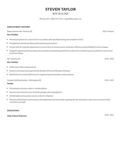 Box Builder Resume