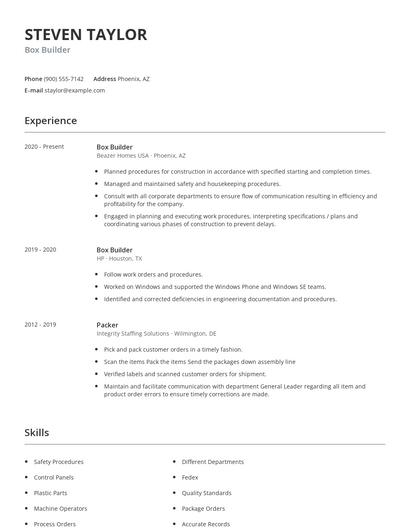 Box Builder Resume