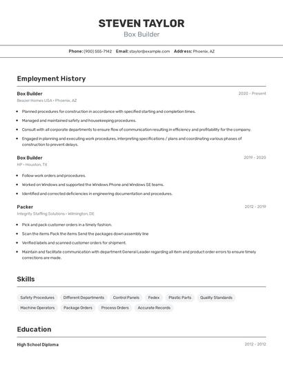 Box Builder Resume