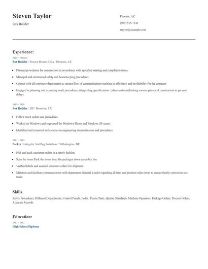 Box Builder Resume