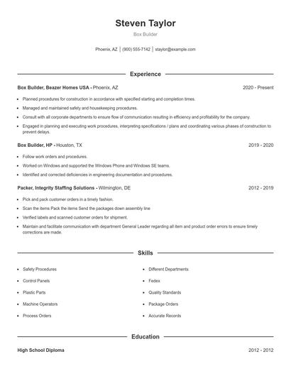 Box Builder Resume