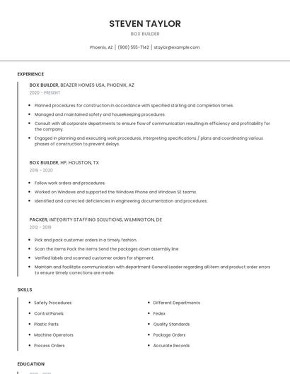 Box Builder Resume