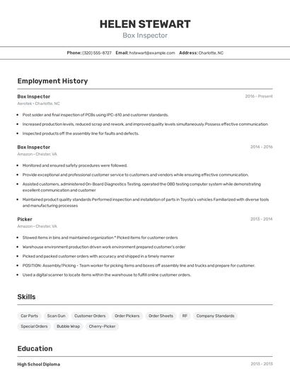 Box Inspector Resume