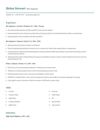 Box Inspector Resume